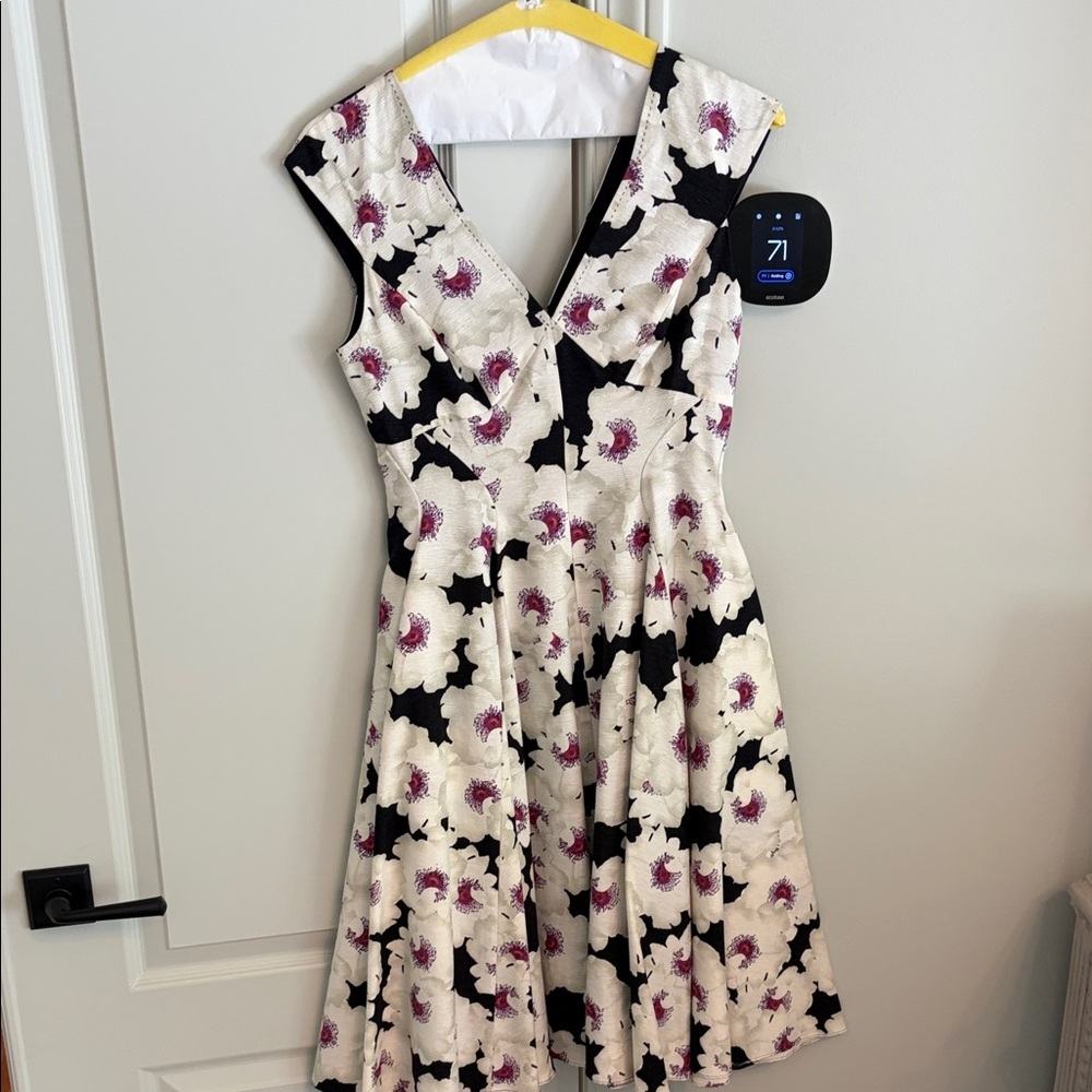Floral Fit-and-Flare V-Neck Dress in Ivory and Black with Pink Accents